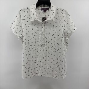 Gloria Vanderbilt Womens White Arrow‎ Print Short Sleeve Polo Shirt Size L NEW